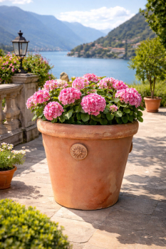 Preview: Pot rond en terre cuite d’Impruneta – rosaces décoratives et bord large classique